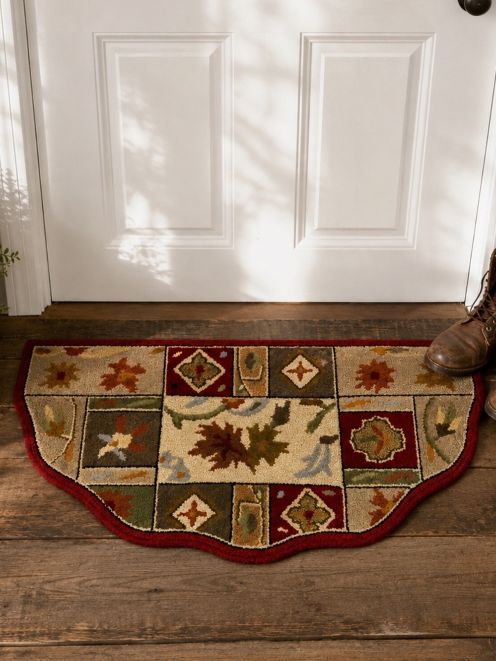 Hand Hooked Autumn Leaf Hearth Rug Fall Accent Mat Red Beige 24x41 Wool Blend